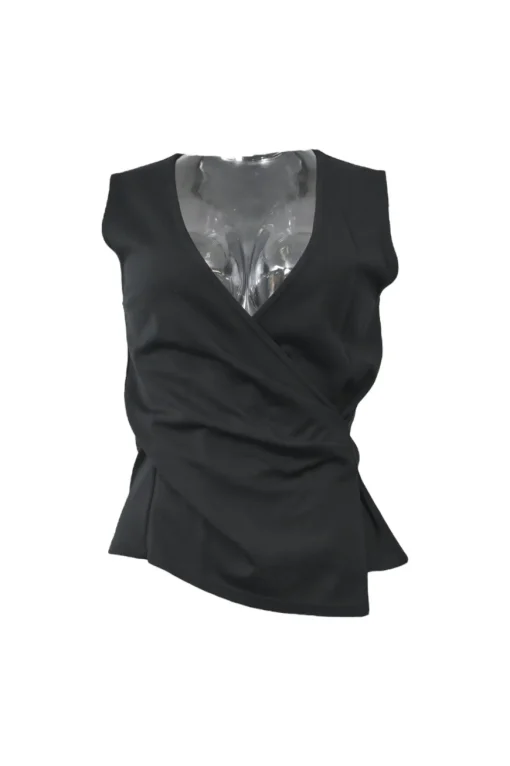 Black draped rayon-blend plunge neck sleeveless wrap-effect blouse