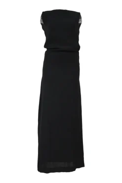 Black draped rayon-blend portrait neck cowl back column gown