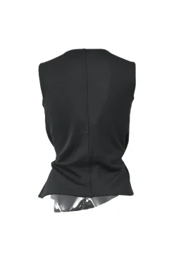 Black draped rayon-blend plunge neck sleeveless wrap-effect blouse