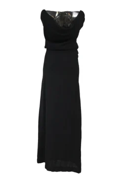 Black draped rayon-blend portrait neck cowl back column gown