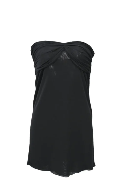 Black draped rayon-blend strapless swing-style camisole with ruched bandeau bodice