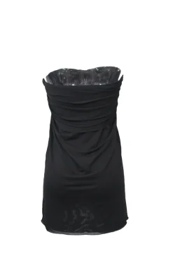 Black draped rayon-blend strapless swing-style camisole with ruched bandeau bodice