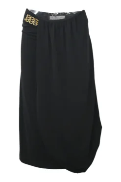 Black draped rayon-spandex blend midi sarong skirt with chainlink waistband appliqué