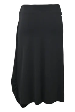 Black draped rayon-spandex blend midi sarong skirt with chainlink waistband appliqué