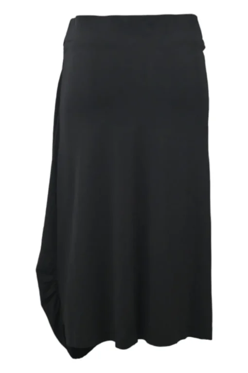 Black draped rayon-spandex blend midi sarong skirt with chainlink waistband appliqué