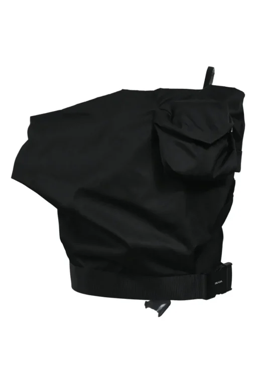 Black draped recycled polyamide cold-shoulder draped blouse with chest patch pocket and snap buckle belt