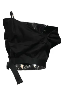 Black draped recycled polyamide cold-shoulder draped blouse with chest patch pocket and snap buckle belt