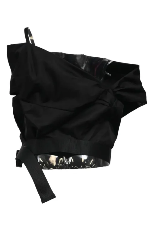 Black draped recycled polyamide cold-shoulder draped blouse with chest patch pocket and snap buckle belt