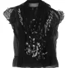 Black draped semi-sheer silk georgette cowl neck flutter sleeve blouse with contrasting petal appliqué