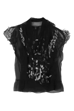 Black draped semi-sheer silk georgette cowl neck flutter sleeve blouse with contrasting petal appliqué