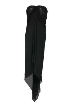 Black draped semi-sheer silk strapless sarong mermaid midi dress