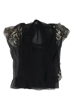Black draped semi-sheer silk georgette cowl neck flutter sleeve blouse with contrasting petal appliqué
