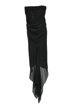 Black draped semi-sheer silk strapless sarong mermaid midi dress