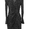 Black draped sequined polyester-blend wrap-effect ruched mini long sleeve dress