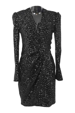 Black draped sequined polyester-blend wrap-effect ruched mini long sleeve dress
