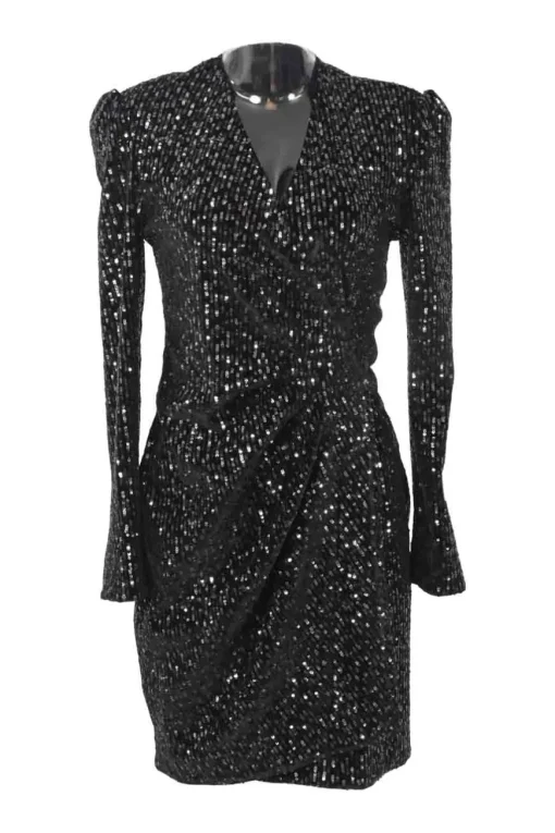 Black draped sequined polyester-blend wrap-effect ruched mini long sleeve dress