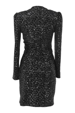 Black draped sequined polyester-blend wrap-effect ruched mini long sleeve dress