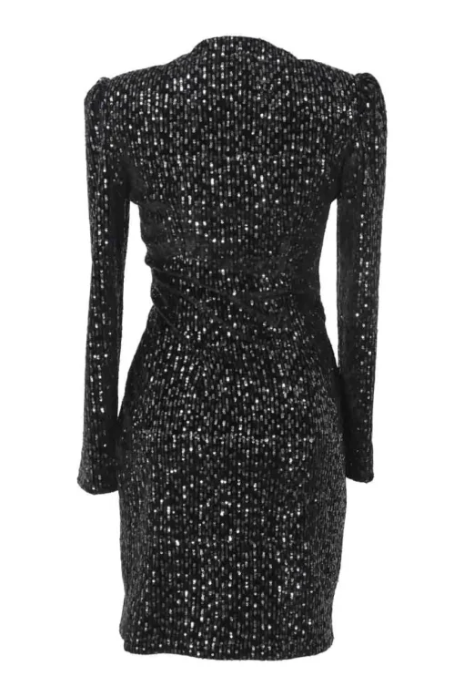 Black draped sequined polyester-blend wrap-effect ruched mini long sleeve dress