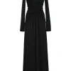 Black draped silk criss-cross long sleeve gown with keyhole front