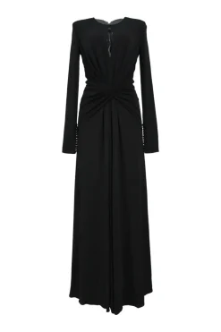 Black draped silk criss-cross long sleeve gown with keyhole front