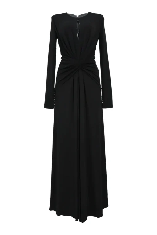 Black draped silk criss-cross long sleeve gown with keyhole front