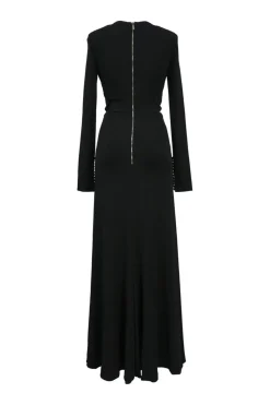 Black draped silk criss-cross long sleeve gown with keyhole front