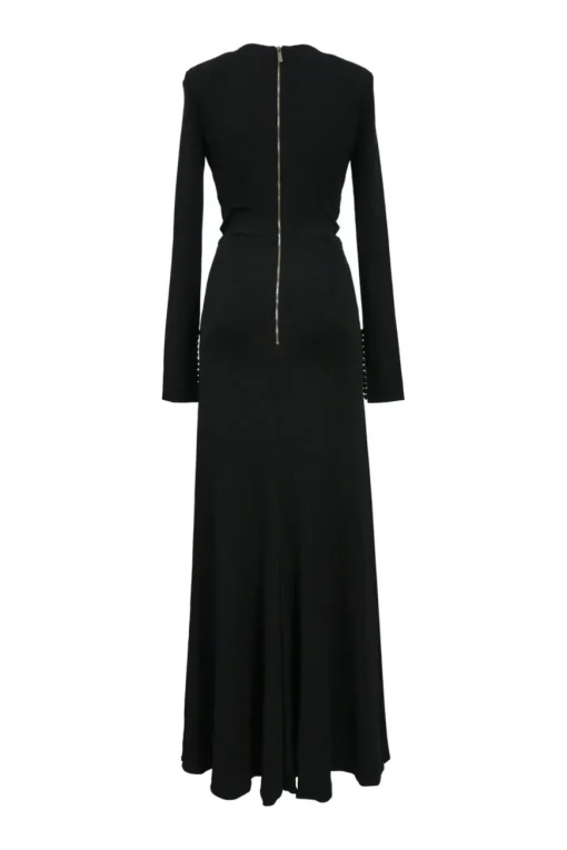 Black draped silk criss-cross long sleeve gown with keyhole front