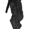 Black draped silk mixed-media one shoulder sheath dress