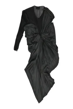 Black draped silk mixed-media one shoulder sheath dress