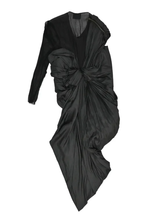 Black draped silk mixed-media one shoulder sheath dress