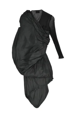 Black draped silk mixed-media one shoulder sheath dress