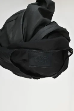 Black draped silk mixed-media one shoulder sheath dress