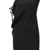 Black draped silk one-shoulder mini dress with side lace-up detail