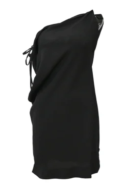Black draped silk one-shoulder mini dress with side lace-up detail