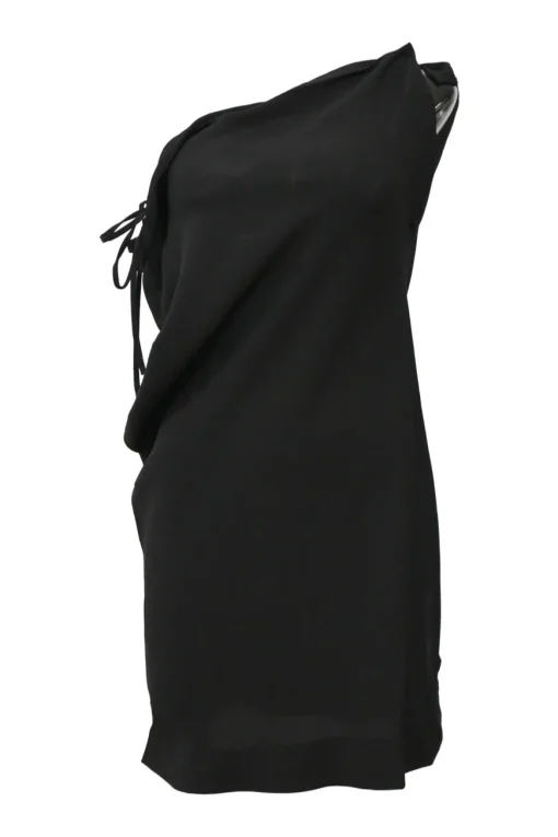 Black draped silk one-shoulder mini dress with side lace-up detail