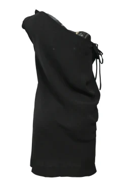Black draped silk one-shoulder mini dress with side lace-up detail