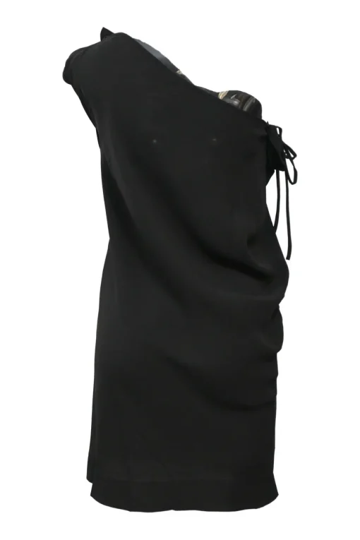 Black draped silk one-shoulder mini dress with side lace-up detail