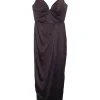 Black draped silk satin slip-style knee-length dress with fixed spaghetti straps
