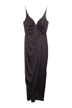 Black draped silk satin slip-style knee-length dress with fixed spaghetti straps
