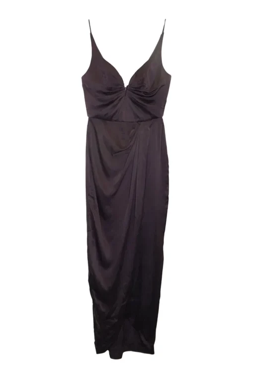 Black draped silk satin slip-style knee-length dress with fixed spaghetti straps