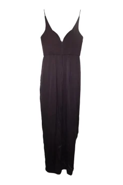 Black draped silk satin slip-style knee-length dress with fixed spaghetti straps