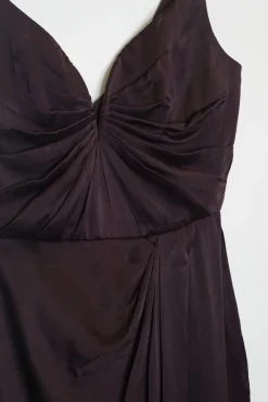 Black draped silk satin slip-style knee-length dress with fixed spaghetti straps