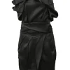Black draped silk satin tulip sheath dress