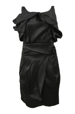 Black draped silk satin tulip sheath dress
