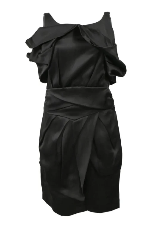 Black draped silk satin tulip sheath dress