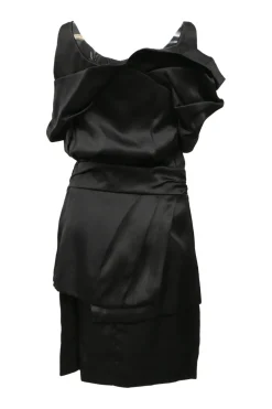 Black draped silk satin tulip sheath dress
