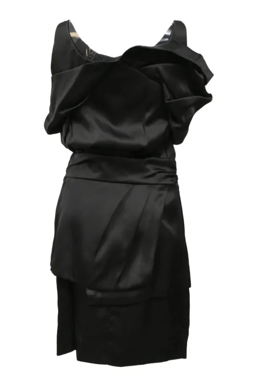 Black draped silk satin tulip sheath dress