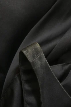 Black draped silk satin tulip sheath dress