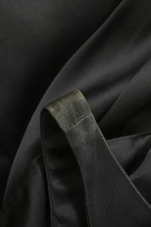 Black draped silk satin tulip sheath dress