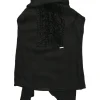 Black draped silk tie-neck sleeveless blouse with ruched bib